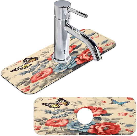 Vintage Floral Butterfly Kitchen Faucet Mat Splash Guard, 15.4”x5.7” Absorbent Quick Drying Sink Mat for Countertop Protection, Draining Mat Sink Protectors For Kitchen Bathroom, 1 Pack