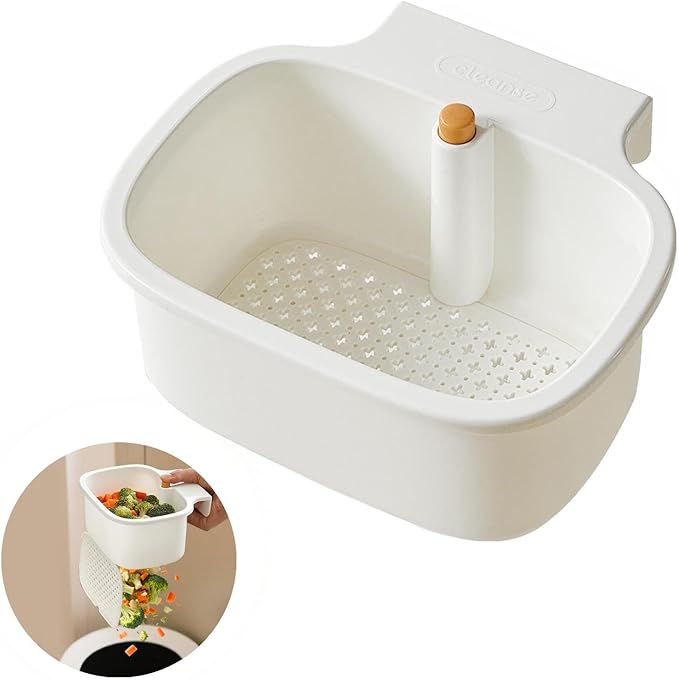 Kitchen Sink Drain Strainer Basket - Hanging Sink Drain Basket with One-Touch Drain Mesh, Kitchen Sink Food Catcher Basket Storage Organizer (White)