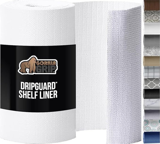 GORILLA GRIP DripGuard Shelf Liner, Non Adhesive Drawer and Kitchen Cabinet Protector, Slip Resistant BPA Free Smooth Surface Plastic Liners for Cabinets, Bathrooms, Closets, 12x120 Inch, White