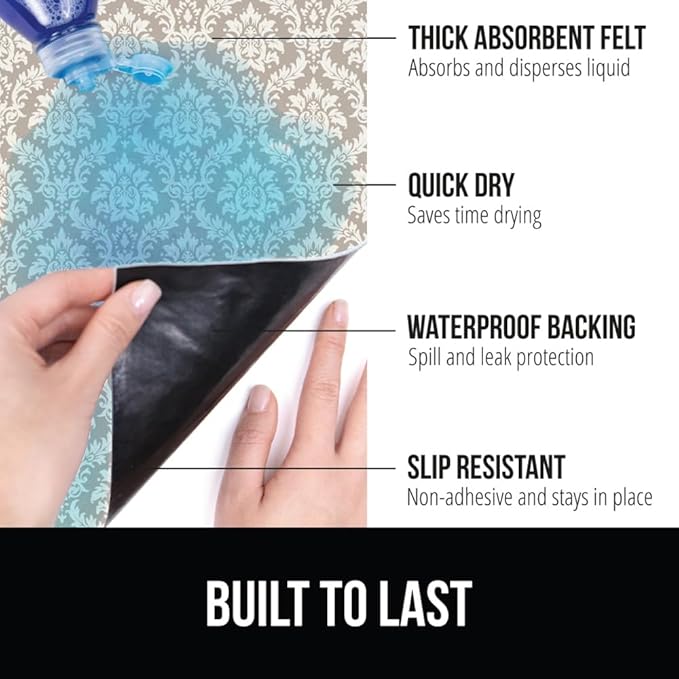 GORILLA GRIP LeakGuard Non-Adhesive Under Sink Mat for Kitchen Cabinet, 24x60, Waterproof Quick Dry Shelf Liner, Durable Absorbent Felt Mats for Bathroom Sinks, Cabinets, Dresser, Damask Taupe Cream