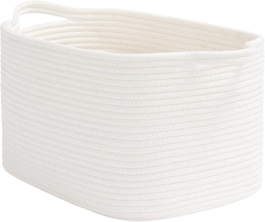 Goodpick White Woven Rope Basket with Handles, Medium Rectangle Basket for Books, Toys, Towels, Square Decorative Baskets for Living Room, Nursery, Shelf Baskets for Bedroom, 13" x 10" x 9"