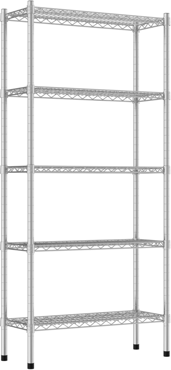 Commercial NSF Listed Chrome Stationary Wire Shelving Kit 12" x 30" x 64", with 5 Shelves Perfect for Warehouse, Walk-in Refrigerator, Freezer, Grocery Store, Restaurant, Dishroom