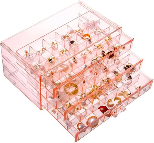 Earring Storage Box Organizer 3 Drawers Acrylic Jewelry Storage Box Holder Transparent Jewelry Display Stand with 72 Small Compartments Gift for Women Girls (Clear Pink)