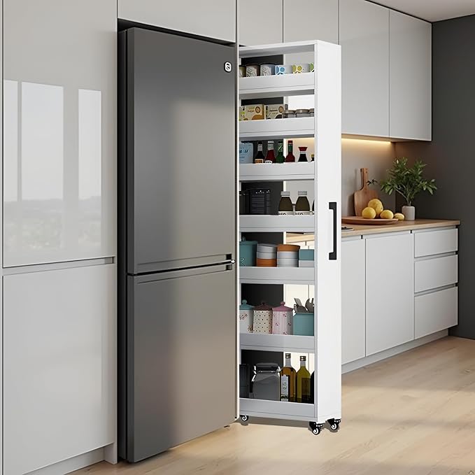 7-Tier Slim Storage Cart, Wooden Rolling Pantry Cabinet with Wheels, Narrow Shelf Organizer for Kitchen, Bakers Rack, Dining Room, Closet, Small Spaces Teak 73.2‘’H*5.9''W*19.6''D