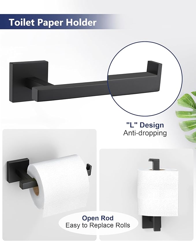 Matte Black Bathroom Hardware Set 4 Pieces, Toilet Paper Holder Set SUS304 Stainless Steel Bath Hand Towel Ring Set for Bathroom Hardware Accessories Set Wall Mounted