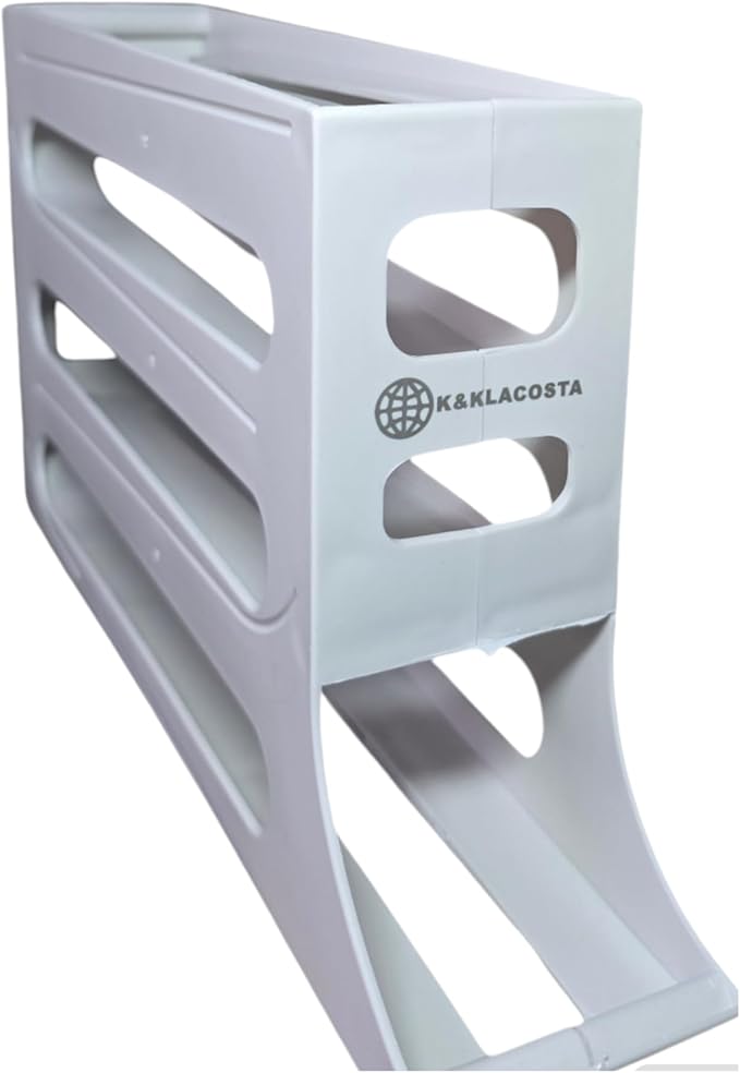 K&KLACOSTA 4 Tier Egg Tray, Automatic Egg Rolling Dispenser Rack for Storing Organizing Distributing and Rolling Eggs in Refrigerator Stackable, in Kitchens, Cabinets, Dining Tables (White)