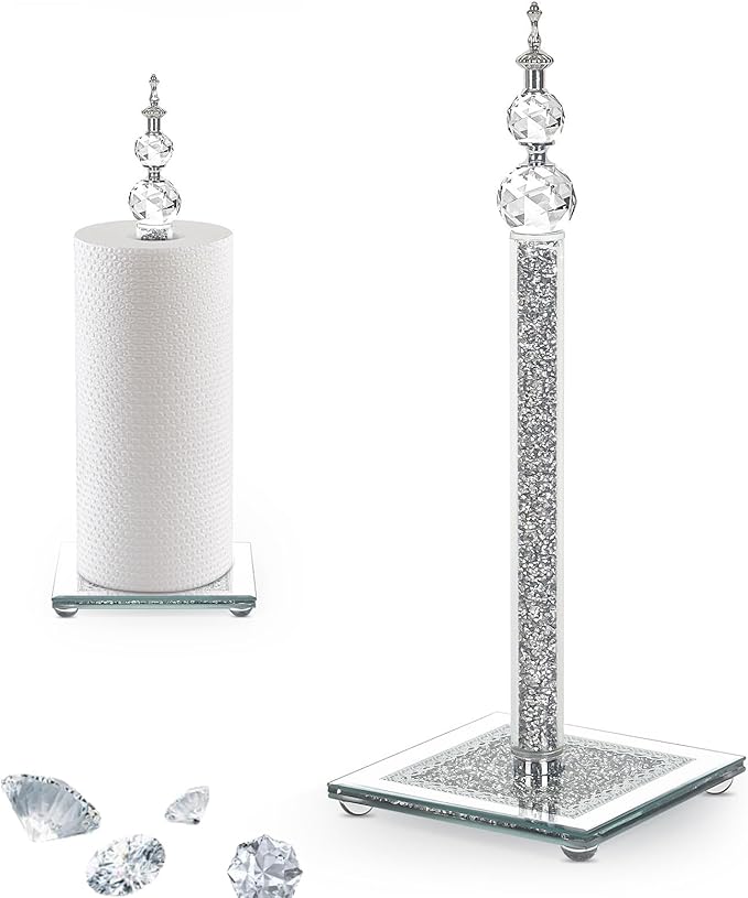 Crystal Paper Towel Holder, Bling Silver Paper Towel Roll Holder, Decorative Standing Paper Towel Holder for Kitchen Countertops Bathroom, Paper Towel Dispenser with Weighted Base (Square/Silver)