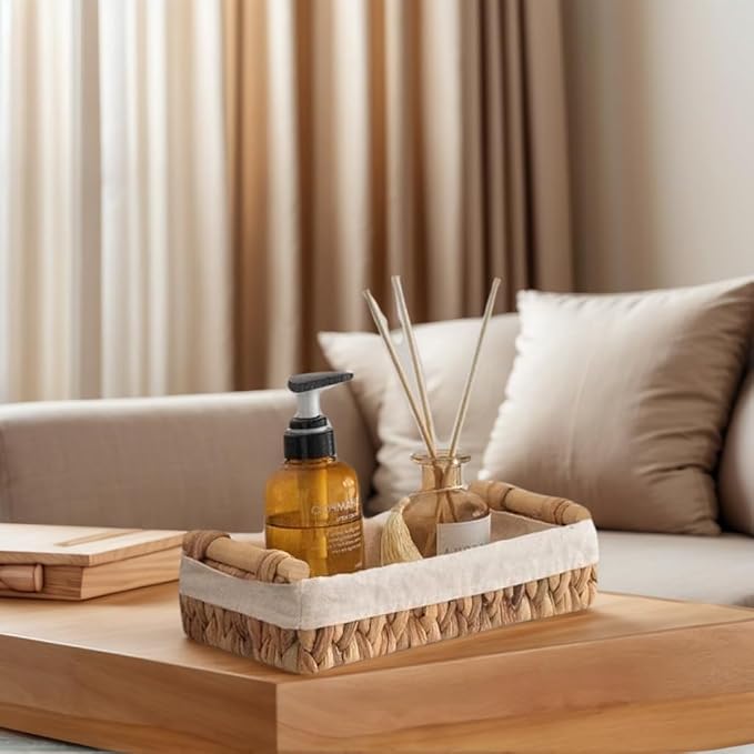 Water Hyacinth Woven Storage Baskets with Wooden Handles, Natural Decorative Organizer Bins with Liner for Bathroom, Countertop, Shelf & Toilet Tank – Set of 2