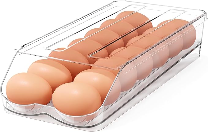 BOBELA Egg Holder for Fridge,Automatic Rolling Egg Container for Refrigerator,Clear Stackable Egg Organizer with Removable Lid for Fridge Organizers and Storage,1 pack