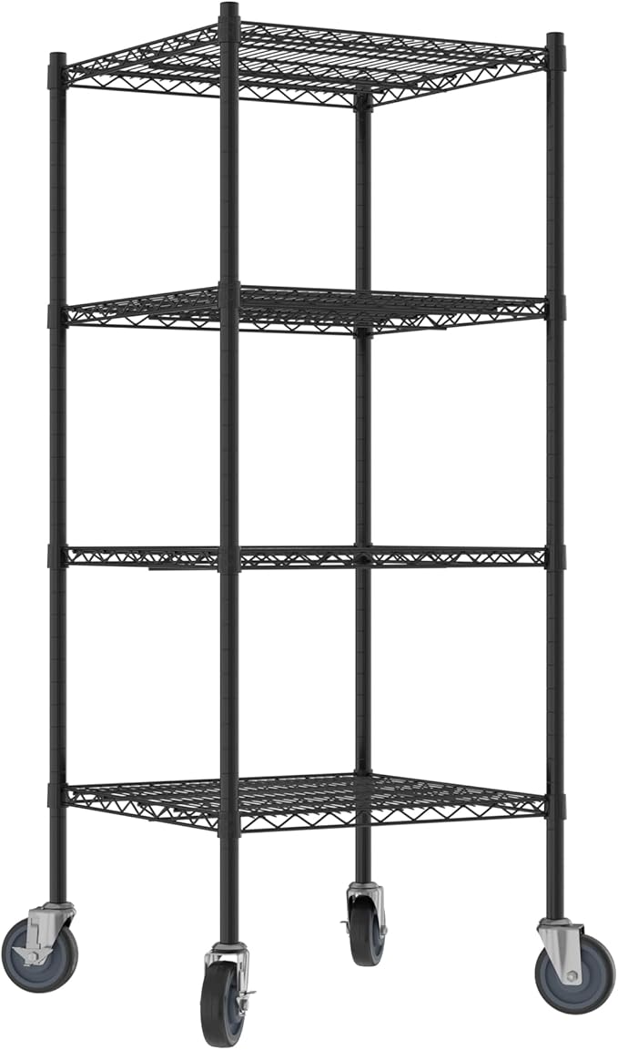Commercial NSF Listed Black Epoxy Mobile Wire Shelving Kit 24" x 24" x 60", with 4 Shelves Perfect for Warehouse, Walk-in Refrigerator, Freezer, Grocery Store, Restaurant, Dishroom
