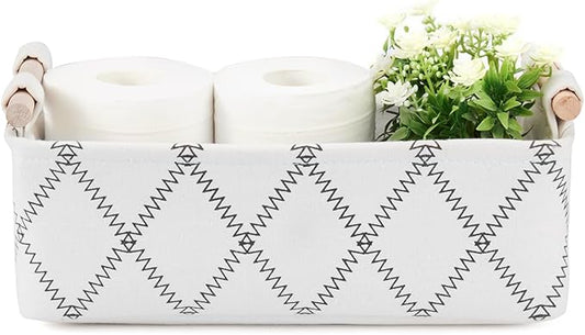 Toilet Tank Basket for Bathroom Storage - Holds 2-4 Toilet Paper Rolls, Small Decorative Basket with Wood Handles, Collapsible Organizer for Countertop, Shelf, Boho Home Décor, 12.5"x7"x4.5", White