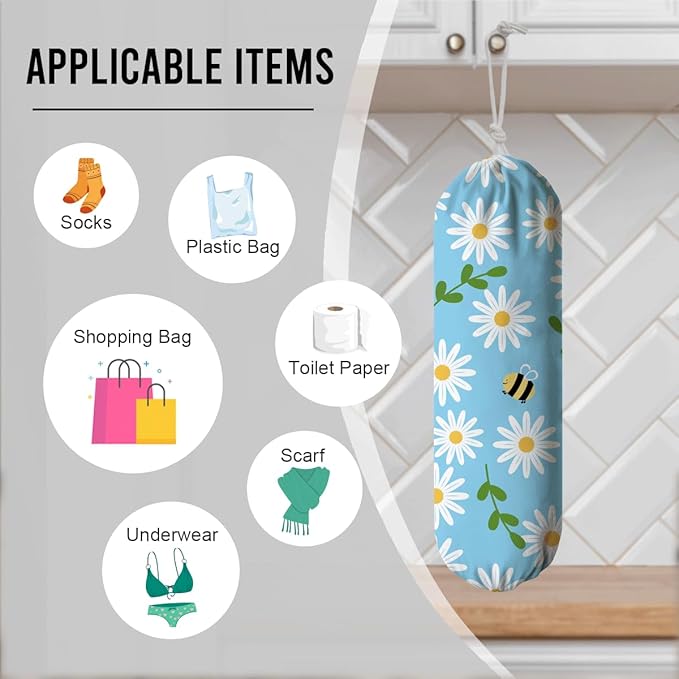 Flower Bees Plastic Holder, Wall Mount Shopping Trash Bag Organizer Dispenser, Wall Hanging Bag Holders for Plastic Bags, Kitchen Housewarming Gifts for Women Family Friends Grandma Mom