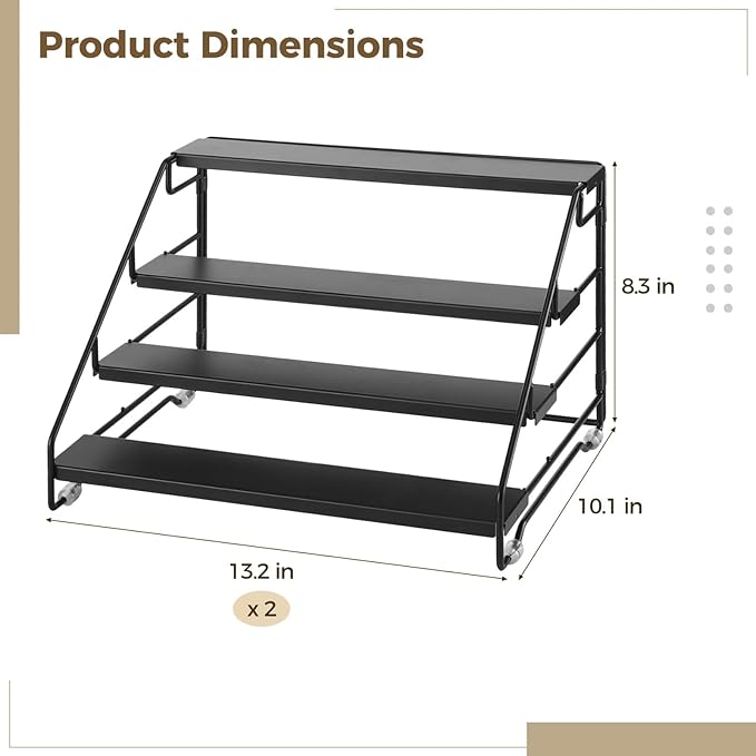 2 PCS Foldable 4 Tier Spice Rack Organizer, Adjustable Step Shelf Tiered Spice Rack for Cabinet, Countertop & Pantry Storage, Metal Spice Rack for Spice Bottles, Jars