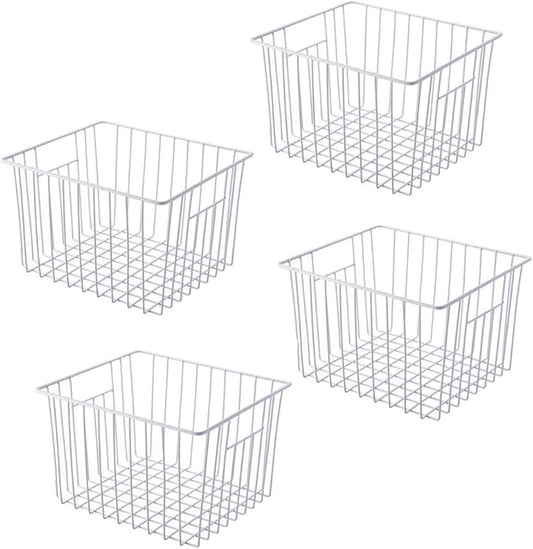 Freezer Organizer Bin, Kitchen Metal Wire Storage Basket, Pantry Cupboard Household Container Divider with Handles, Bathroom, Closet, Bedroom, Office, Rustproof - White（4）