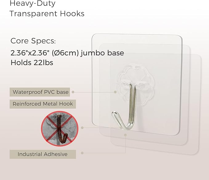 Adhesive Wall Hooks,Heavy Duty Hooks for 22lb, Clear No Drill Wall Hooks for Tile Glass, Waterproof & Removable, Home, Bathroom, Kitchen, Office, and Outdoor 10 Pack