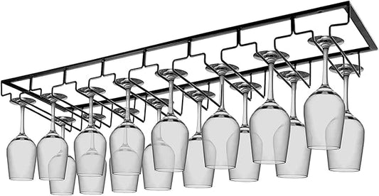Xverycan Wine Glass Rack Under Cabinet, 8 Row Extreme Large Stemware Hanger, Metal Wine Goblet Holder, DIY Bar Glass Storage Rack for Bar Counter, Kitchen, Screws Included (Black)