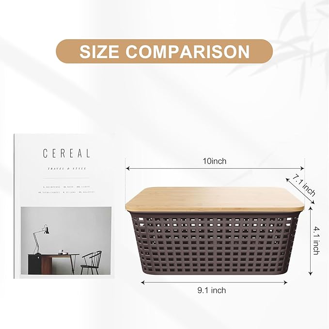 Plastic Storage Bins with Bamboo Lid - Pantry Storage Baskets with Lid - Stackable Container with Lable for Organizing: Small Storage Box for Shelves Office Cabinet Drawer Closet 9x7x4 In - White 6Pcs
