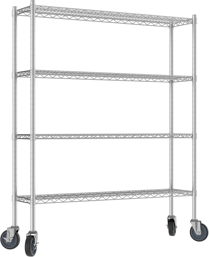 Commercial NSF Listed Chrome Mobile Wire Shelving Kit 12" x 48" x 60", with 4 Shelves Perfect for Warehouse, Walk-in Refrigerator, Freezer, Grocery Store, Restaurant, Dishroom