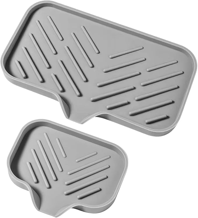 Silicone Soap Tray, Soap Dishes with Drain Spout, Bathroom and Kitchen Sink Organizer, Sponge Holder, Perfect for Dispenser, Scrubber, Bottle, Cup on Sink or Counter - Large and Small Set (Gray)