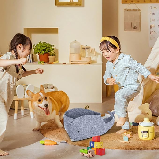 Storage Basket Felt Storage Bin Whale Shaped Collapsible & Convenient Box Organizer with Carry Handles for Home Bedroom Closet Babies Nursery Toys (Small)