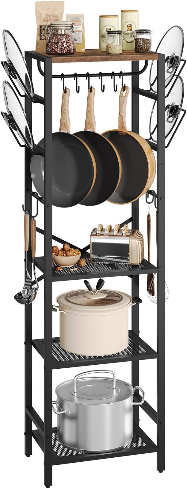 4-Tier Pot Rack, Pots and Pans Organizer for Kitchen, Lid Organizer Rack with U-Shaped Lid Holders, Kitchen Storage Shelf for Standing Cookware, Rustic Brown and Black POHR3001