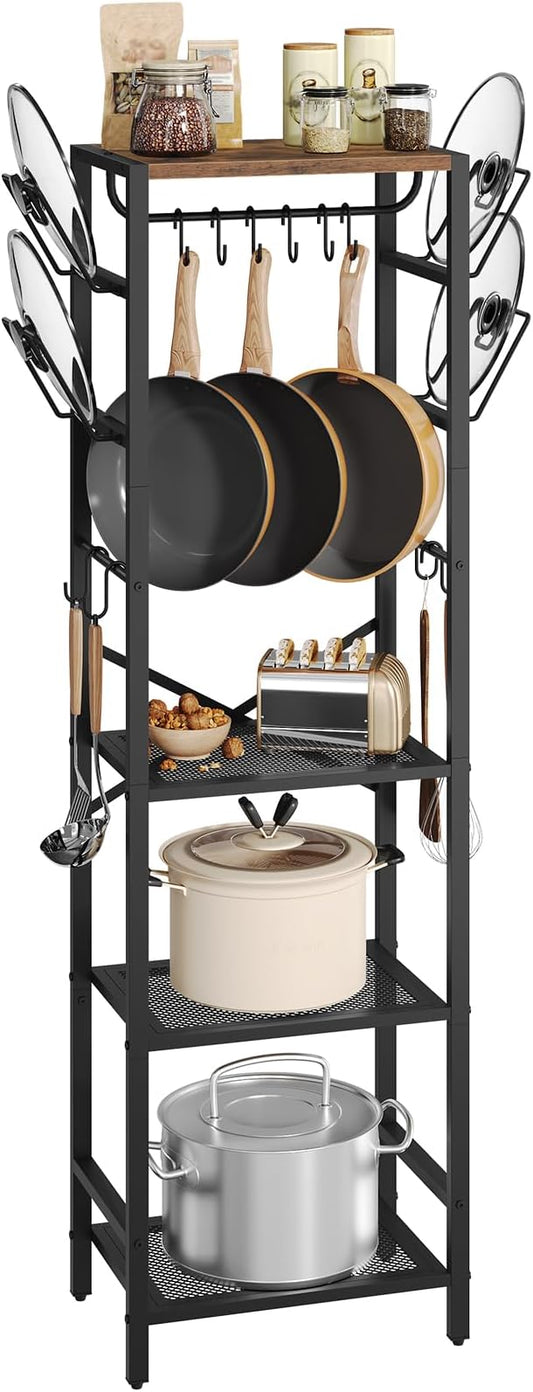 4-Tier Pot Rack, Pots and Pans Organizer for Kitchen, Lid Organizer Rack with U-Shaped Lid Holders, Kitchen Storage Shelf for Standing Cookware, Rustic Brown and Black POHR3001