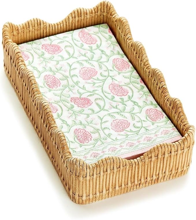 Two's Company Resin Scalloped Edge Wicker Weave Pattern - Decorative Napkin Holder, Guest Towel & Utensil Holder, Rustic Farmhouse Decor & Organizer