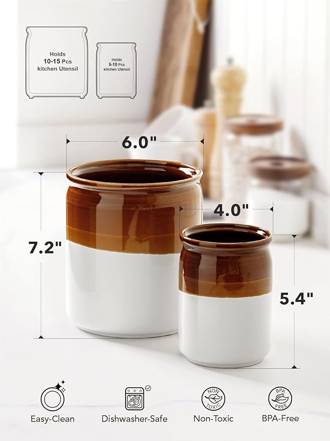 LE TAUCI Kitchen Utensil Holder, 7.2“&5.4” Ceramic Utensil Crock for Countertop, Rustic Modern Farmhouse Decor, Large Heavy Spatula Organizer, Vintage Two-Tone Glossy Glaze, Set of 2, Brown & White