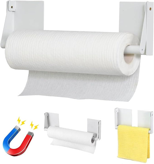 Magnetic Adjustable Paper Towel Holder,Upgrade Heavy Duty Steel with Strong Magnet for Refrigerator,Grill,Kitchen,Garage - Holds Large Rolls,White(2 Pack)