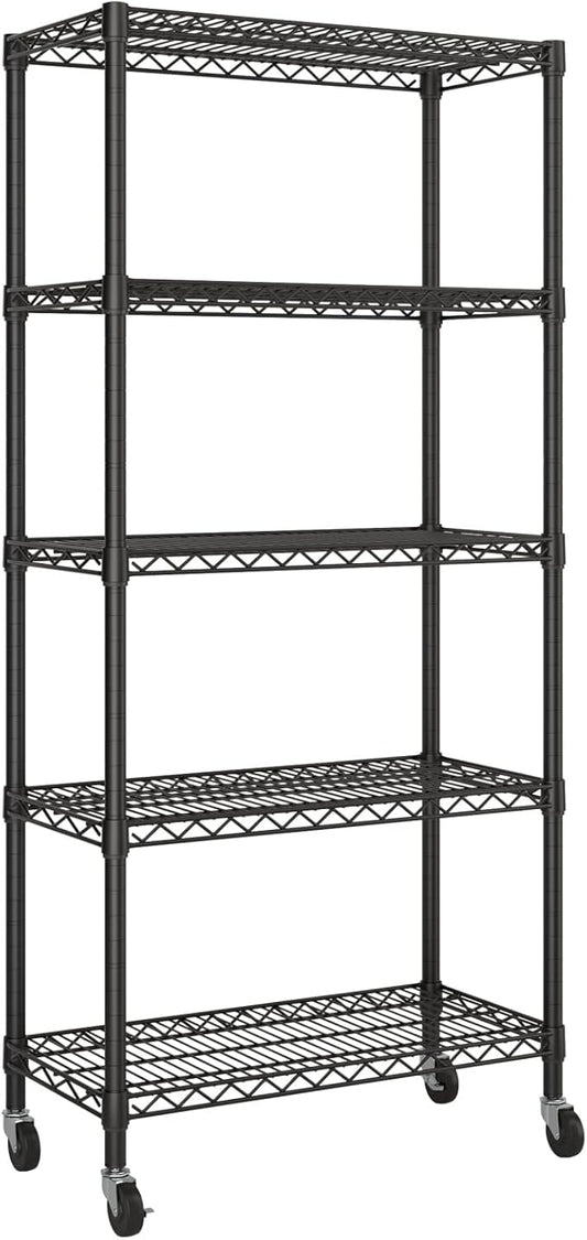 5 Tier Shelves Storage Shelf Wire Closet Bathroom Organizers Metal Pantry Kitchen Garage Shelving Unit Laundry Room Organization Home Rack Net Basket Black with Wheels 14”D X 30”W X 70”H