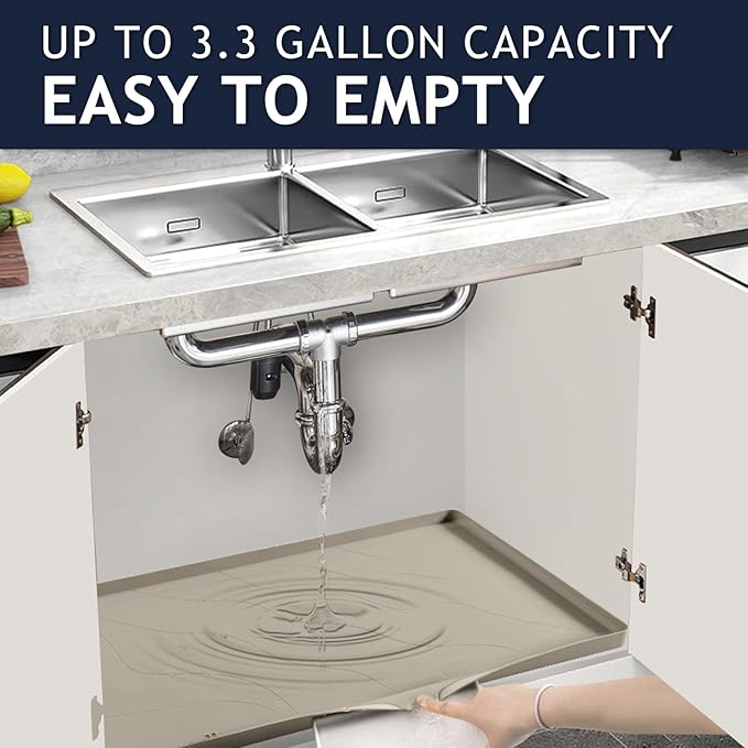 Vangostella Heavy Duty Silicone Under Sink Mats for Kitchen Waterproof 19" x 19", Extra Thick Under Sink Rubber Mat Drip Tray, Raised Edge Under Sink Liner,Prevent Drips, Leaks, Spills,Brown
