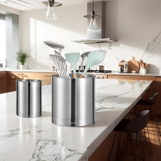 KSENDALO Stainless Steel Utensil Holder for Counter(3Pack), Brushed Silver Metal Utensil Crock Canister for Cooking Utensils on Countertop, with Heavy Base, Dishwasher Safe, Silver