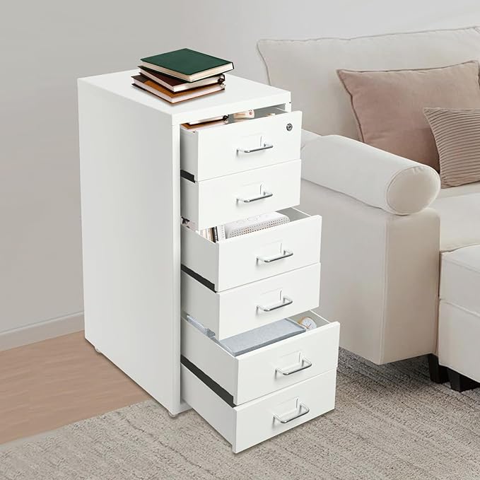 Vertical Metal File Cabinet with Lock, 6 Drawer Rolling Filing Cabinet on Wheels for A4 Legal and Letter Size Small Mobile File Organizer Cabinet for Home Office, 11x16x27in White