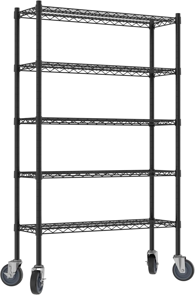 Commercial NSF Listed Black Epoxy Mobile Wire Shelving Kit 12" x 36" x 60", with 5 Shelves Perfect for Warehouse, Walk-in Refrigerator, Freezer, Grocery Store, Restaurant, Dishroom
