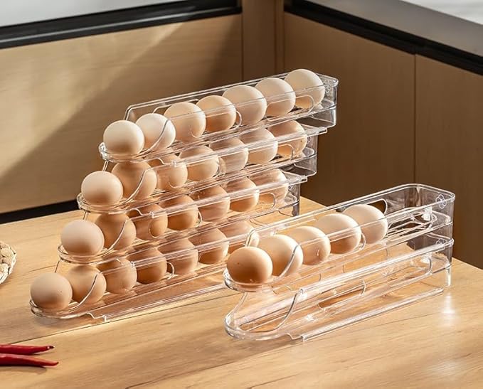 Egg Holder for Fridge,Stackable 1-4 Tiers Container,Auto Rolling Fridge Organizer for Refrigerator,Space-Saving Dispenser Holder,Refrigerator Egg Rack Transparent (3 Packs)