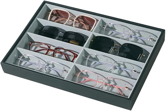 Glasses Holder Box Drawer Sunglass Organizer for Men Clear Wide Storage Case 8 Slots Multiple Reading Glasses Display, Black Leather