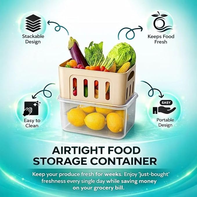 DAZZLEREE Fruit Containers for Fridge Keep Fresh, 5-Pack Produce Containers for Fridge with Lids, Meal Prep Containers, Food Organizer with Removable Colander, Microwave & Dishwasher Safe (Cream)