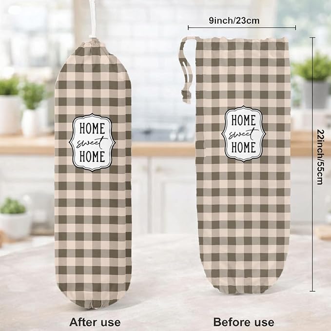 Plastic Bag Holder, Home Sweet Home Plastic Bag Holder for Kitchen Essentials, Brown Grid Bags Holders for Plastics Bags Groceries Store, Kitchen Gifts to Women Family Friends