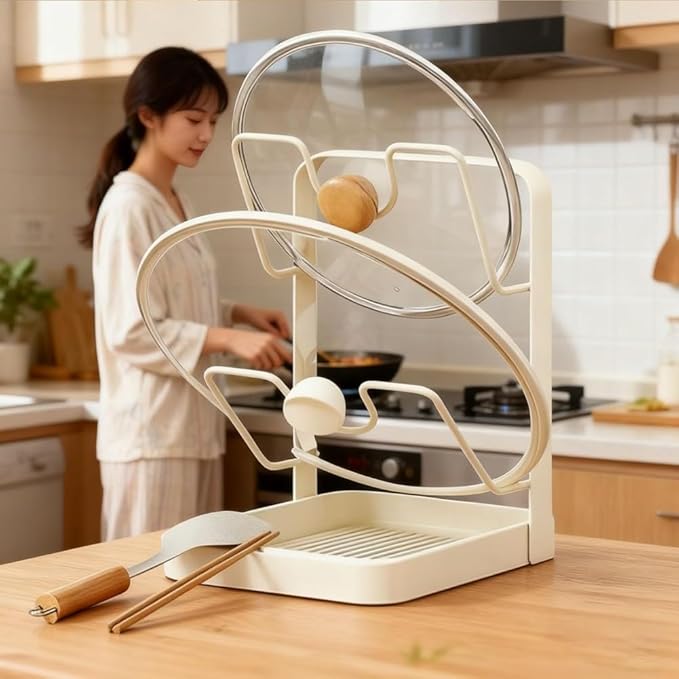 Kitchen Pot Lid Storage Rack, Pot Lid Holder While Cooking, Double Layer Lid And Spoon Rest With Tray, Multifunctional Organizer Spatula Holder For Stovetop Kitchen Counter (Single Layer-grey)