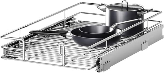 Pull Out Cabinet Organizer, 13.5" W x 21.5" D, Heavy Duty Chrome Slide Out Shelf for Base Cabinets, Sliding Wire Basket Drawer for Pantry Items, Bowls, Containers & Cleaning Supplies
