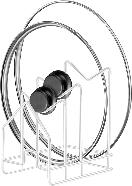 Poeland Kitchen Pot Lid Organizer, Pan Rack with 3 Compartments, Pantry Organizer Rack for Dinnerware, Bakeware, Cookware, Cutting Boards, Pan Lids (White)