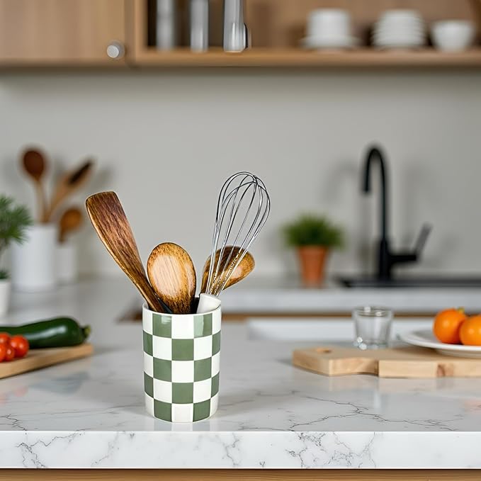 Checkered Utensil Holder, 4.13''x5.71" Utensils Caddy for Kitchen Counter, Medium Size Utensil Crock for Countertop, Utensils Organizer Storage for Parties Dining-Modern Sage Green and White