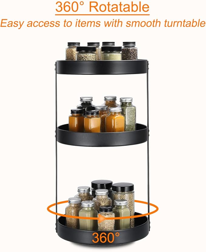 uxcell 3 Tier Lazy Susan Turntable, 12 Inch Metal Spice Rack Organizer for Kitchen Countertop Vertical Storage Rack Self Black