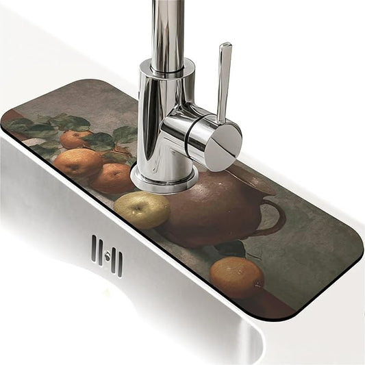 Kitchen Sink Splash Guard，apples and oranges Faucet Mat Sink Gadgets-Super Absorbent Fast Drying Mat Drip Catcher for Kitchen, Bathroom,Sink Mat, Dish Drying Mat, Bathroom(15" X 5.5" )