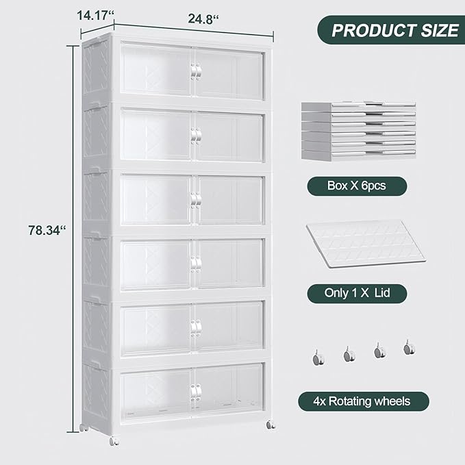 Atrasee 720QT Extra Large Stackable Storage Bins with Lid, 180Gal Collapsible Closet Organizer Box with Wheels, Folding Plastic Storage Cabinet with Doors for Home Bedroom Office Dorm, 6Pack White