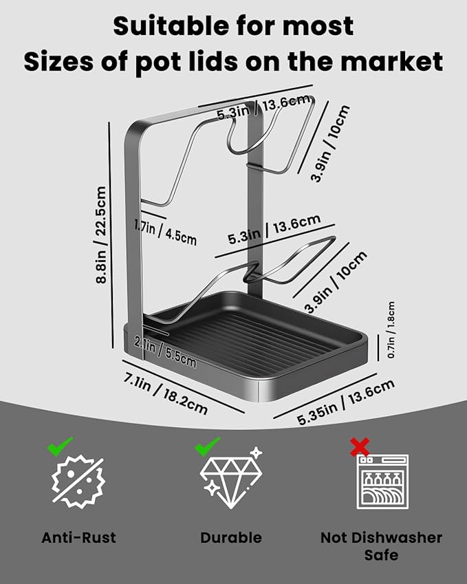 Pot Lid Organizer Holder Rack for While Cooking Under Cabinet Crockpot Pan and Storage Crock Spoon Rest with Kitchen Top Double U-Shaped Slots Steel Countertop Counter Stainless Stand Drip Tray