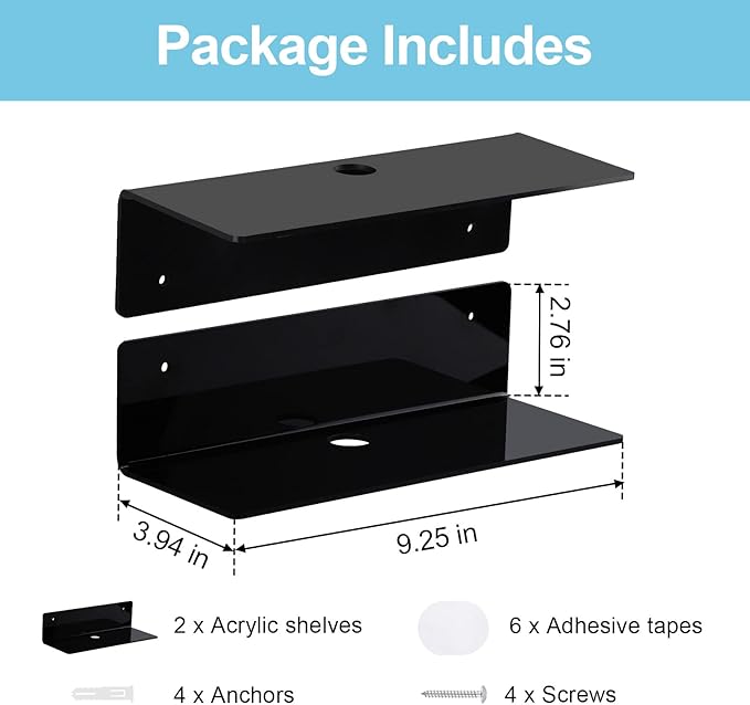 luium 9 Inch Acrylic Floating Shelf No Drill Adhesive Wall Shelf Set of 2 for Funko Pop Storage, Floating Shelves Damage-Free Expand Wall Space for Living Room, Bathroom, Gaming Room, Office - Black