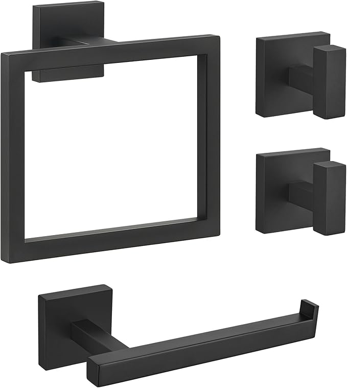 Matte Black Bathroom Hardware Set 4 Pieces, Toilet Paper Holder Set SUS304 Stainless Steel Bath Hand Towel Ring Set for Bathroom Hardware Accessories Set Wall Mounted