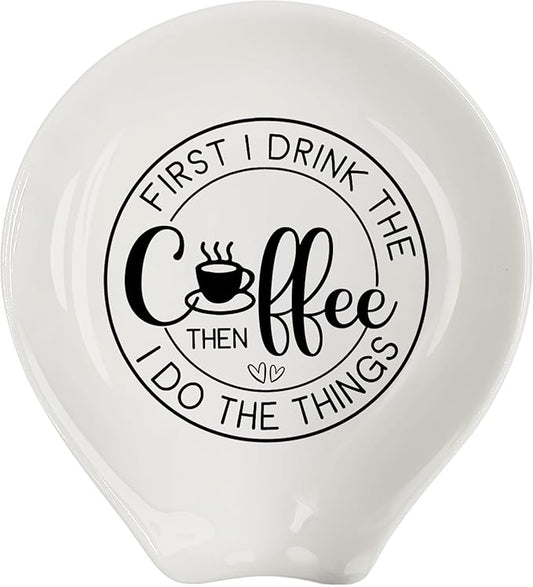 Coffee Spoon Rest, Coffee Bar Accessories & Spoon Holder, Frist I Dring the Coffee Ceramic Spoon Holder for Coffee Lovers Gifts for Friend Wife Husband Sister (White-8)