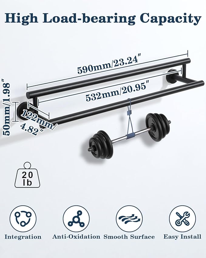 Alise Black Double Towel Bar,24-Inch Towel Rack for Bathroom Wall Mounted,SUS304 Stainless Steel Bathroom Towel Holder,Space-Saving Hand Towel Holder,Towel Rail Hanger for Wall, Kitchen